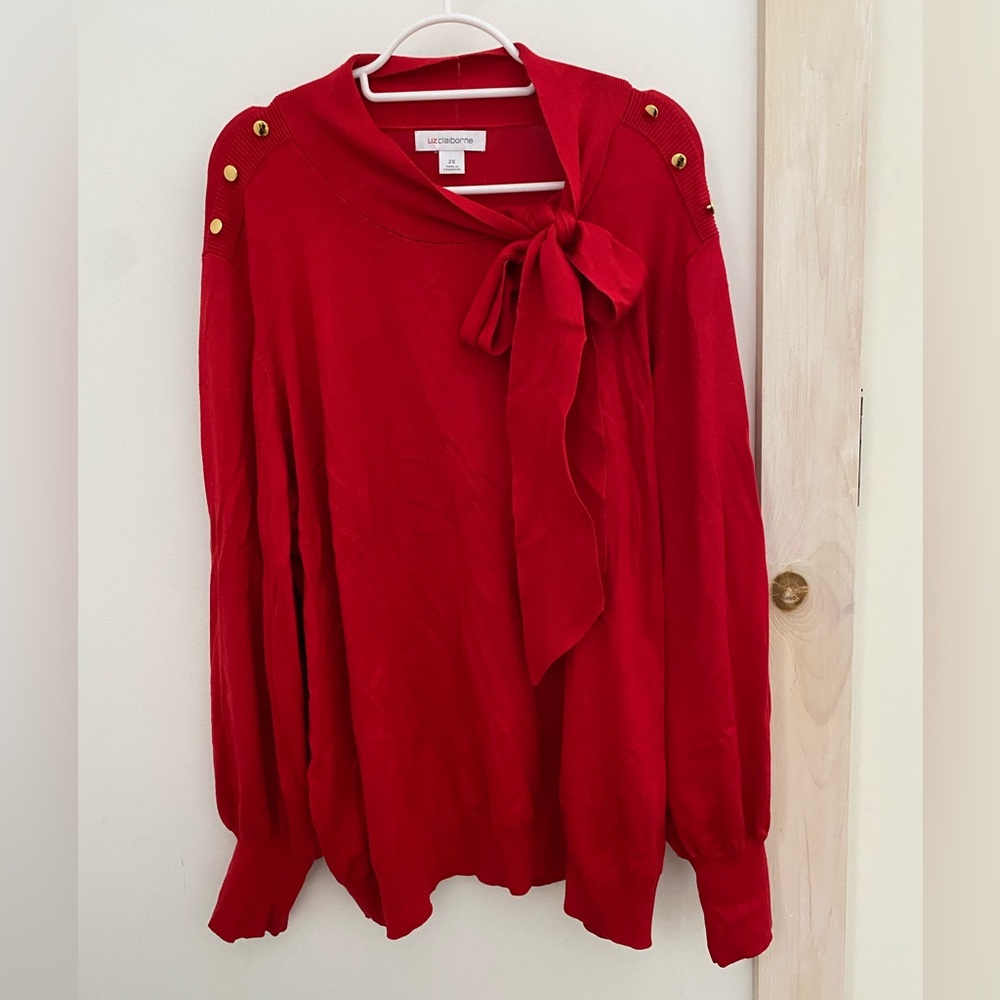 Liz Claiborne Red Top Sweater Bow Accent Sz. 2X